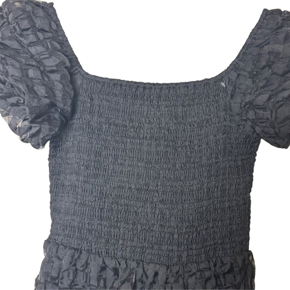 Whimsigoth Black Puff Sleeve Midi Dress L • Romantic Smocked Square Neck - Picture 4 of 8